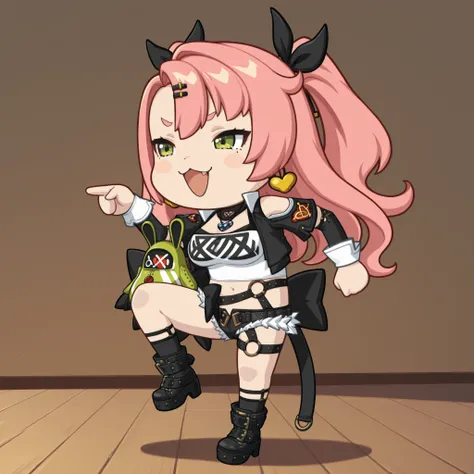 かわいいcatの, genba _cat,chibi, Pointing, standing on one leg, :3, Open Mouth, meme,  parody in hin, Simple Background, white background, full body, (Nicole Demara, pink hair with long n sleeves, Detached Sleeves, micro shorts), 4K high definition, bright colo...
