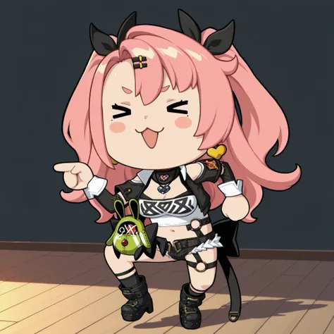 かわいいcatの, genba _cat,chibi, Pointing, standing on one leg, :3, Open Mouth, meme,  parody in hin, Simple Background, white background, full body, (Nicole Demara, pink hair with long n sleeves, Detached Sleeves, micro shorts), 4K high definition, bright colo...