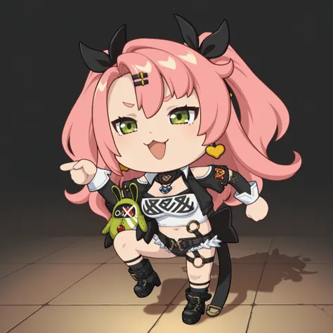 かわいいcatの, genba _cat,chibi, Pointing, standing on one leg, :3, Open Mouth, meme,  parody in hin, Simple Background, white background, full body, (Nicole Demara, pink hair with long n sleeves, Detached Sleeves, micro shorts), 4K high definition, bright colo...