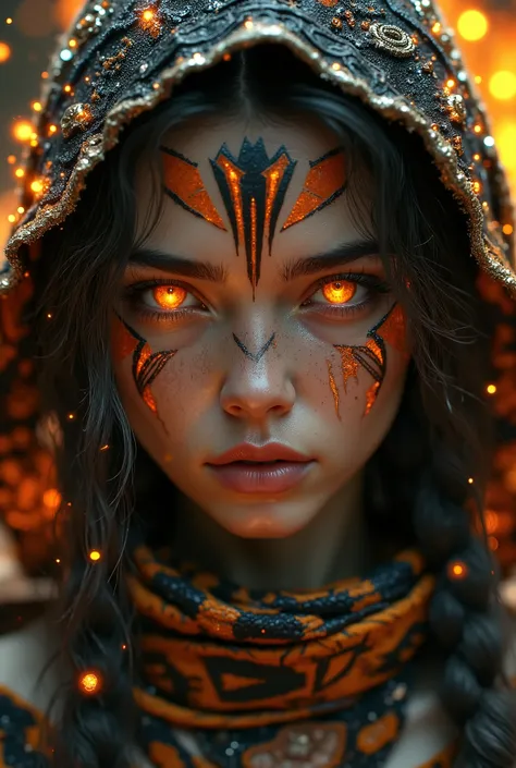 A close-up portrait of a mysterious young woman with intense bright amber-orange eyes that reflect light like molten metal, framed by dark lashes and a calm and powerful look. Her face is adorned with symmetrical tribal war paintings in vivid geometric pat...