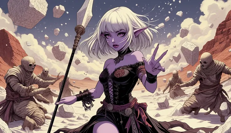 (A fusion of Ukiyo-e and dark fantasy. Aesthetic and gothic digital art. The illustration is drawn from a viewpoint looking up at a woman from a low position.) BREAK 
(White hair. Blunt bangs. White eyebrows. Long white eyelashes. Almond-shaped eyes. Laven...