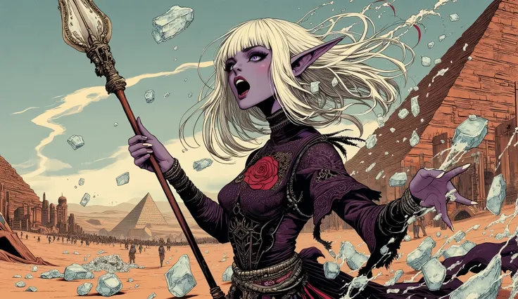 (A fusion of Ukiyo-e and dark fantasy. Aesthetic and gothic digital art. The illustration is drawn from a viewpoint looking up at a woman from a low position.) BREAK 
(White hair. Blunt bangs. White eyebrows. Long white eyelashes. Almond-shaped eyes. Laven...