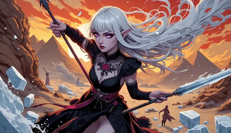(A fusion of Ukiyo-e and dark fantasy. Aesthetic and gothic digital art. The illustration is drawn from a viewpoint looking up at a woman from a low position.) BREAK 
(White hair. Blunt bangs. White eyebrows. Long white eyelashes. Almond-shaped eyes. Laven...