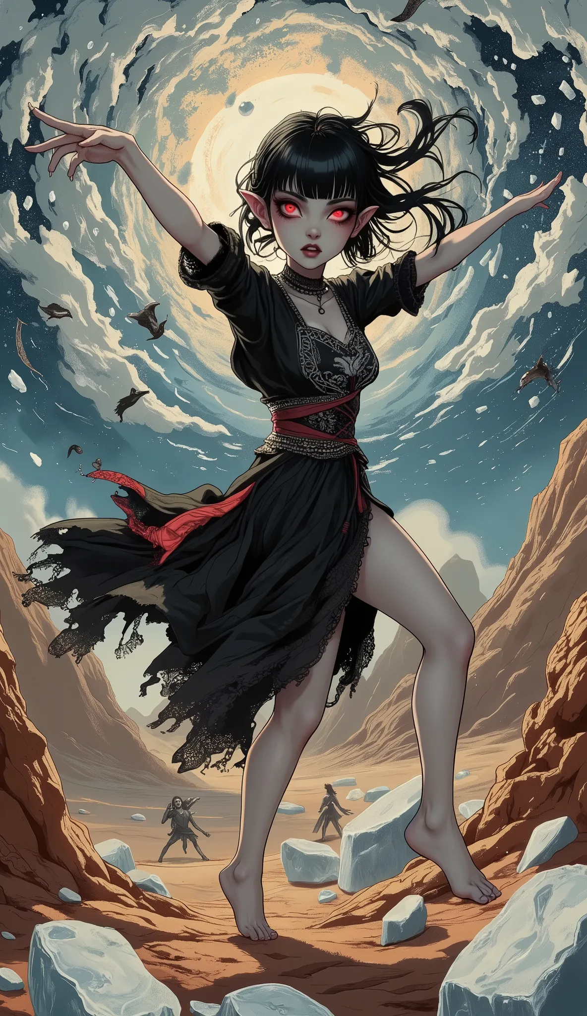 (A fusion of Ukiyo-e and dark fantasy. Aesthetic and gothic digital art. The illustration is drawn from a viewpoint looking up at a woman from a low position.) BREAK 
(Jet black hair. Blunt bangs. Black eyebrows. Long black eyelashes. Almond-shaped eyes. G...