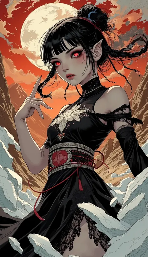 (A fusion of Ukiyo-e and dark fantasy. Aesthetic and gothic digital art. The illustration is drawn from a viewpoint looking up at a woman from a low position.) BREAK 
(Jet black hair. Blunt bangs. Black eyebrows. Long black eyelashes. Almond-shaped eyes. G...