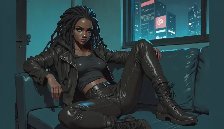 anime BLACK girl with dreadlocks sentada em um sofá ao fundo uma night club cyberpunk anime, afrofuturism anime, official character art, vixen, female cyberpunk anime BLACK girl, cyberpunk anime art, fox, cyberpunk anime girl, official art, cyberpunk anime...