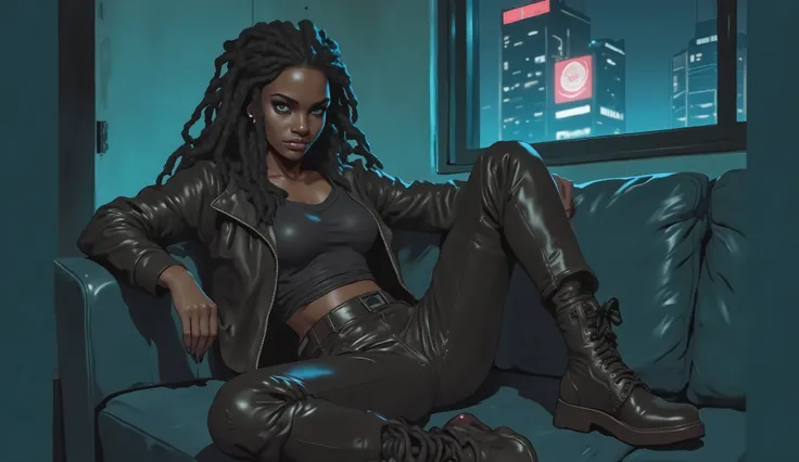 anime BLACK girl with dreadlocks sentada em um sofá ao fundo uma night club cyberpunk anime, afrofuturism anime, official character art, vixen, female cyberpunk anime BLACK girl, cyberpunk anime art, fox, cyberpunk anime girl, official art, cyberpunk anime...