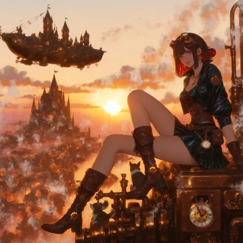 sitting on a machine and dangling her legs,semi long,slightly random hairstyle,Hair color is dark red A color reminiscent of metal,girl、decorated with metal parts,Wear Goggles on Your Forehead,lens part is amber,Gears and small pipes,leather corset、Best、sh...