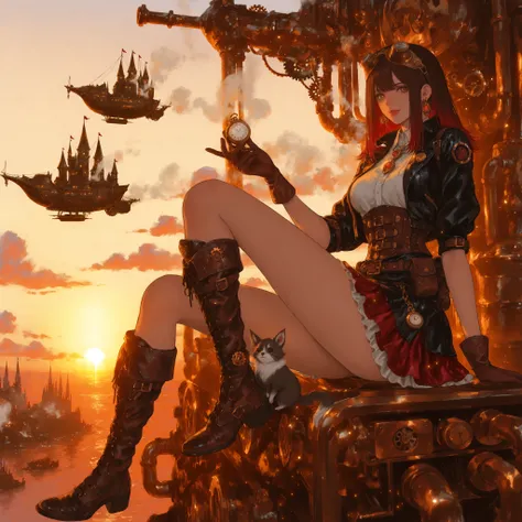 sitting on a machine and dangling her legs,semi long,slightly random hairstyle,Hair color is dark red A color reminiscent of metal,girl、decorated with metal parts,Wear Goggles on Your Forehead,lens part is amber,Gears and small pipes,leather corset、Best、sh...