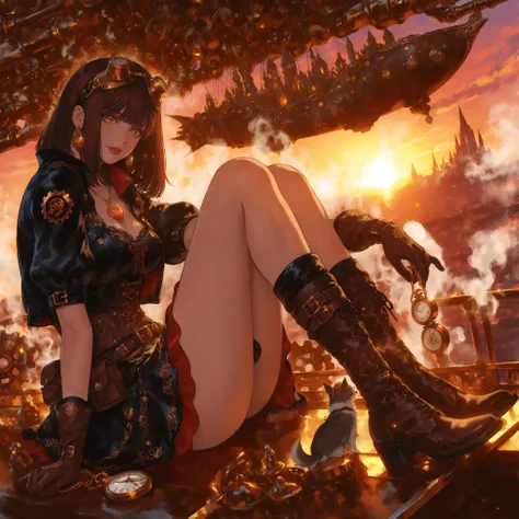 sitting on a machine and dangling her legs,semi long,slightly random hairstyle,Hair color is dark red A color reminiscent of metal,girl、decorated with metal parts,Wear Goggles on Your Forehead,lens part is amber,Gears and small pipes,leather corset、Best、sh...