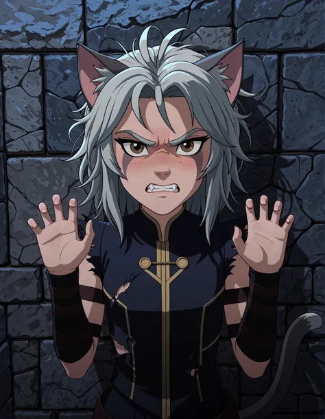 dr4g0n-style, 1girl, petite, (skinny and frail:0.7), cat girl, against wall, stone wall, brown eyes,looking at viewer, grey hair, medium hair, messy hair, angry, (scared:0.4), (open mouth:0.5), fangs, hands up, (tearing up:0.5), tail raised, torn clothes, ...