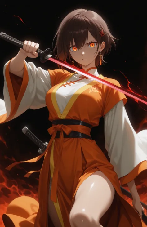 masterpiece, good resolution, HD Quality, newest, good lighting, good anatomy, good resolution, safe, . beautiful, anime, Japanese girl. delicate features. Dark Brown Hair and Short Hair, Hairstyle, hair pins. Intense orange eyes. piel clara, medium breast...