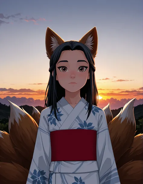 dr4g0n-style, 1girl, (skinny and frail:0.5), kitsune, looking at viewer, black hair, long hair, fox ears, multiple tails, yukata, sunset, (young), cinematic, detailed, contrast, masterpiece,best quality,amazing quality,