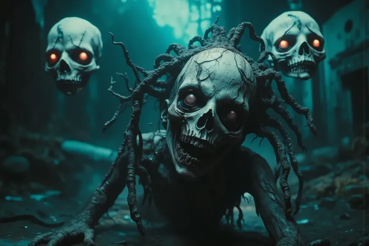 A mysterious figure is pictured with long, tendril-like pieces of matted hair. The scene is bathed in an eerie teal glow, adding to the ethereal atmosphere. The figure's skin is a pale, muted color, contrasting with the vibrant background. Fingers are very...