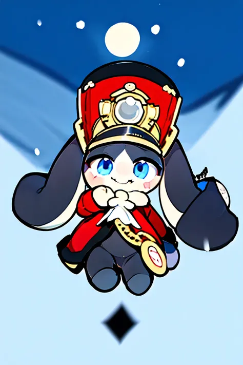 correct details, single character, correct color matching, front view, pom pom, long-eraed rabbit, black and white fur, big hat, display full body, fluffy, suitable face shape, smiling at the front happily, two short legs, (black snow boots:1.2), well-fitt...