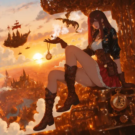 sitting on a machine,semi long hair,slightly random hairstyle,Hair color is dark red A color reminiscent of metal,girl、decorated with metal parts,lens part is amber,Gears and small pipes,leather corset、Best、short jacket。The shirt is a puff sleeve,belt、Pouc...