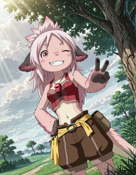 dr4g0n-style, masterpiece, best quality, amazing quality, very aesthetic, absurdres, 1girl, solo, no headwear, miabyss, mitty \(made in abyss\) \(furry\), \(made in abyss\), narehate, furry body, human face, pink hair, spiked hair, long hair, red eyes, med...