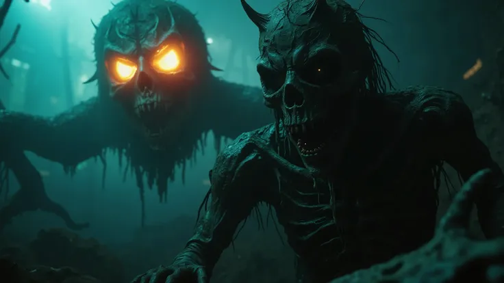 A nightmarish scene unfolds in a dim, eerie environment filled with a dense mist that casts a bluish-green hue over everything. Dominating the foreground is a ghastly creature with a decayed, mummified appearance. Its skeletal face is devoid of flesh, with...