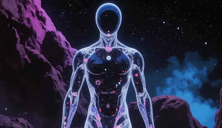 A  full-body pose ,front view for a futuristic cosmic male entity floating in deep space, wearing a transparent glass armor that mirrors stars and galaxies, its head is a smooth  mirrored sphere without facial features, cosmic starfield visible through bod...