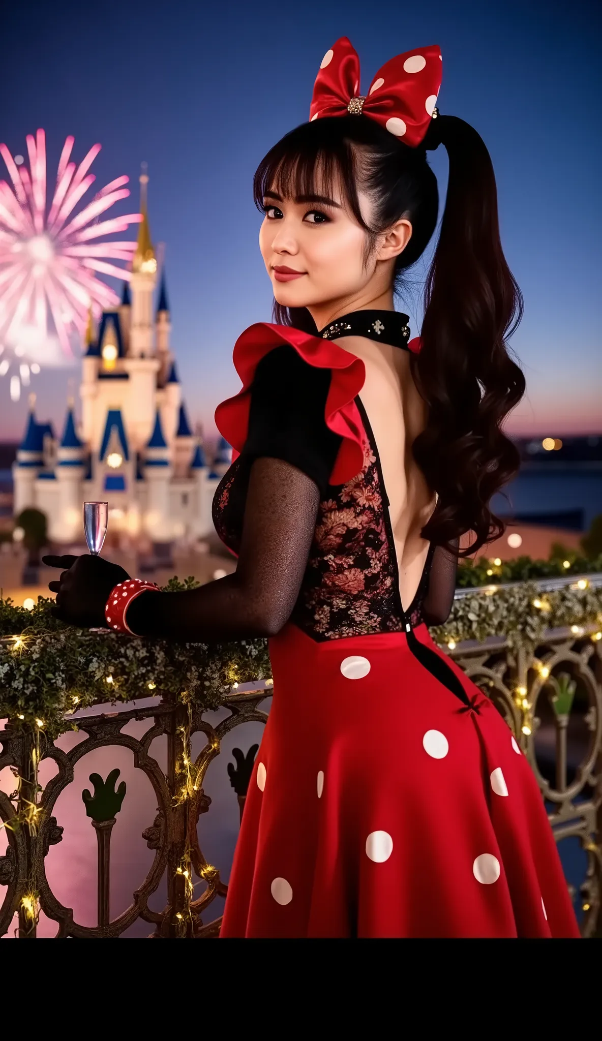 (cinematic Disney magic:1.4), (photorealistic luxury travel magazine:1.3), medium shot from waist up,  
Voluptuous model as "Glam Minnie": stunning model with oversized red satin bow, soft smokey eyes, glossy nude lips,  
Outfit: Deep V-neck crimson silk d...