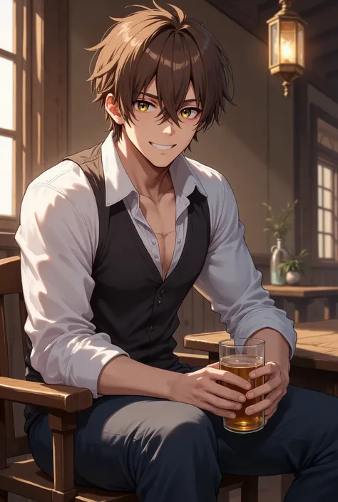 handsome man sitting on a worn wooden tavern stool, camera panned to his side, softly smiling at the viewer with quiet affection, ash brown medium-length messy hair with loose strands falling over his hooded deep-set forest green eyes, well-defined jawline...