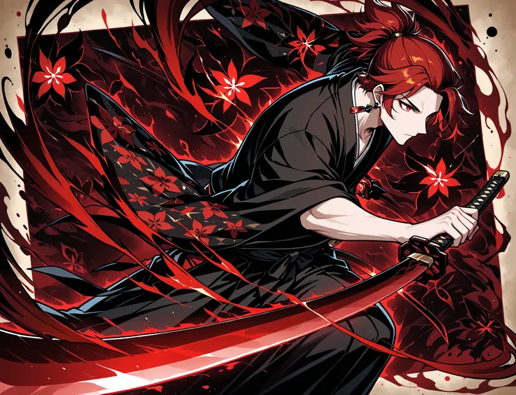 1boy, red hair, tied hair, red eyes, rectangle earrings, black kimono with red flower patterns, dynamic pose, dynamic composition, katana, sword slash effect, sword aura, ink background, ink splats,