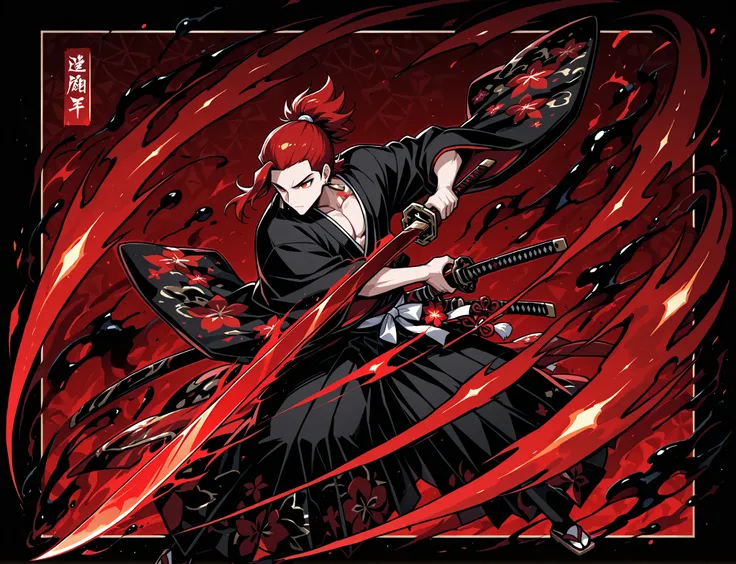 1boy, red hair, tied hair, red eyes, rectangle earrings, black kimono with red flower patterns, dynamic pose, dynamic composition, katana, sword slash effect, sword aura, ink background, ink splats,