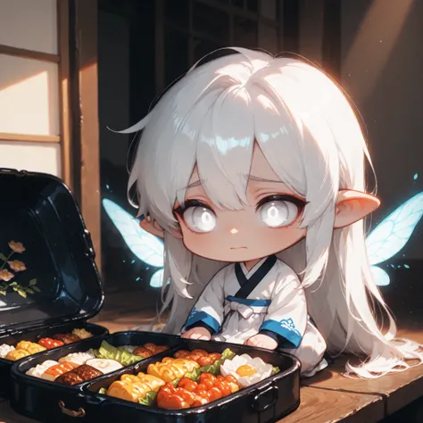 (masterpiece, high quality, ultra-detailed), chibi, solo, 1 boy, close-up, cinematic lighting, dramatic,

male fairy, handsome, long hair, hip-length hair, white hair, white eyes with black outlines, detailed eyes, soft smile, traditional korean male outfi...