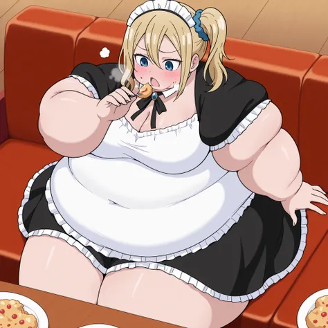 masterpiece, best quality, amazing quality,, 1 girl, solo, Hayasaka Ai, blond hair, blue eyes, , mature female, breasts, anime screencap,, , blush, wearing  maid costume, looking down, cowboy shot, , ,fat, chubby, obese, gigantic arms and legs, large breas...