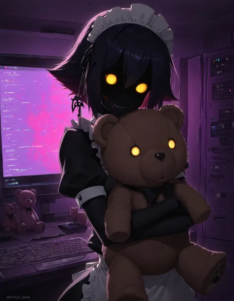 (antiKH, masterwork, masterpiece, best quality, hyper-detailed, 8k uhd:1.4), 1girl,solo, CivChan, blank eyes, glowing eyes, pink, purple, maid uniform, extremely aesthetic, highly detailed, spot color, neon palette, mouth closed, glasgow smile, no teeth, (...