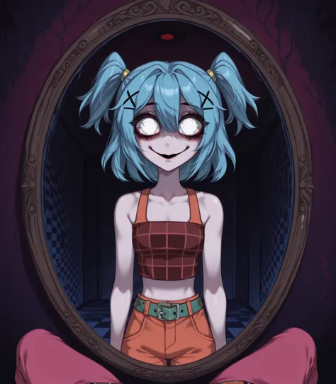  abstract background, digital_horror, fake smile, blank stare, dark nasty room, alienation,  Laceys_game,  two side up, pink pants, green belt, burgundy checkered crop top, bare shoulders, blue hair, two side up, orange shorts, burgundy tank top, white iri...