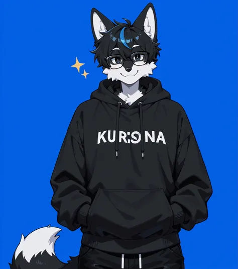 black fox furry fursona boy, wearing a black hoodie and black pants, smiling, wearing glasses with black lenses, looking at the viewer, black and blue background   