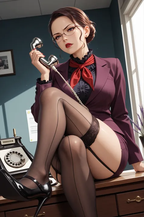 masterpiece, best quality, very aesthetic, absurdres, handfixer, cinematic, office, dutch angle, solo, secretary talking on telephone, perfect face, strict expression, glare, oval_metal, glasses, lipstick, brown hair, bun hairstyle, stud earring, red nails...