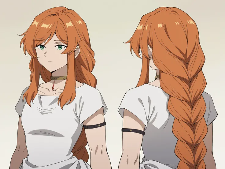 flamme, long hair, green eyes, straight bangs, braid, orange hair, simple braid, braided ponytail, anime screenshot, dress, collarbone, choker, white dress, short sleeves,((character concept art)) , ((character design sheet , same character , front , side ...
