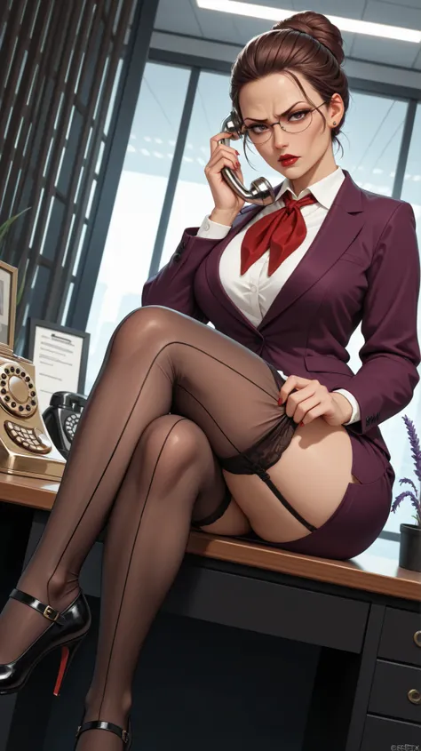 masterpiece, best quality, very aesthetic, absurdres, handfixer, cinematic, office, dutch angle, solo, secretary talking on telephone, perfect face, sharp facial features, cheekbones, strict expression, glare, oval_metal, glasses, lipstick, brown hair, bun...