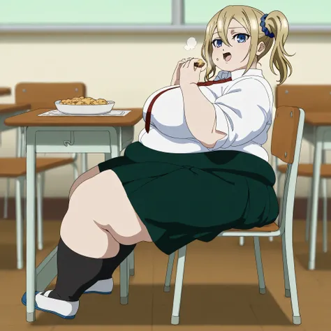 Hayasaka Ai, blond hair, blue eyes, 
High quality ,  best quality , masterpiece,  High Resolution , detailed face(,anatomically correct, detailed hair Style(),anime Coloring
solo, 1 girl
 school uniform, White collar shirt, green skirt, Red tie
looking at ...