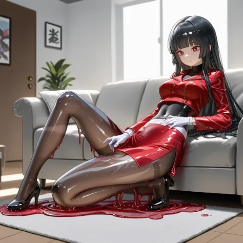 dynamic pose:1.0, adult pokemonsabrina melting:1.0,transparent head,jacket, crop top, bodysuit, covered navel, midriff, red jacket, turtleneck, white gloves, long sleeves, pantyhose, side slit red skirt, black hair, long hair, bangs, blunt bangs, red eyes,...