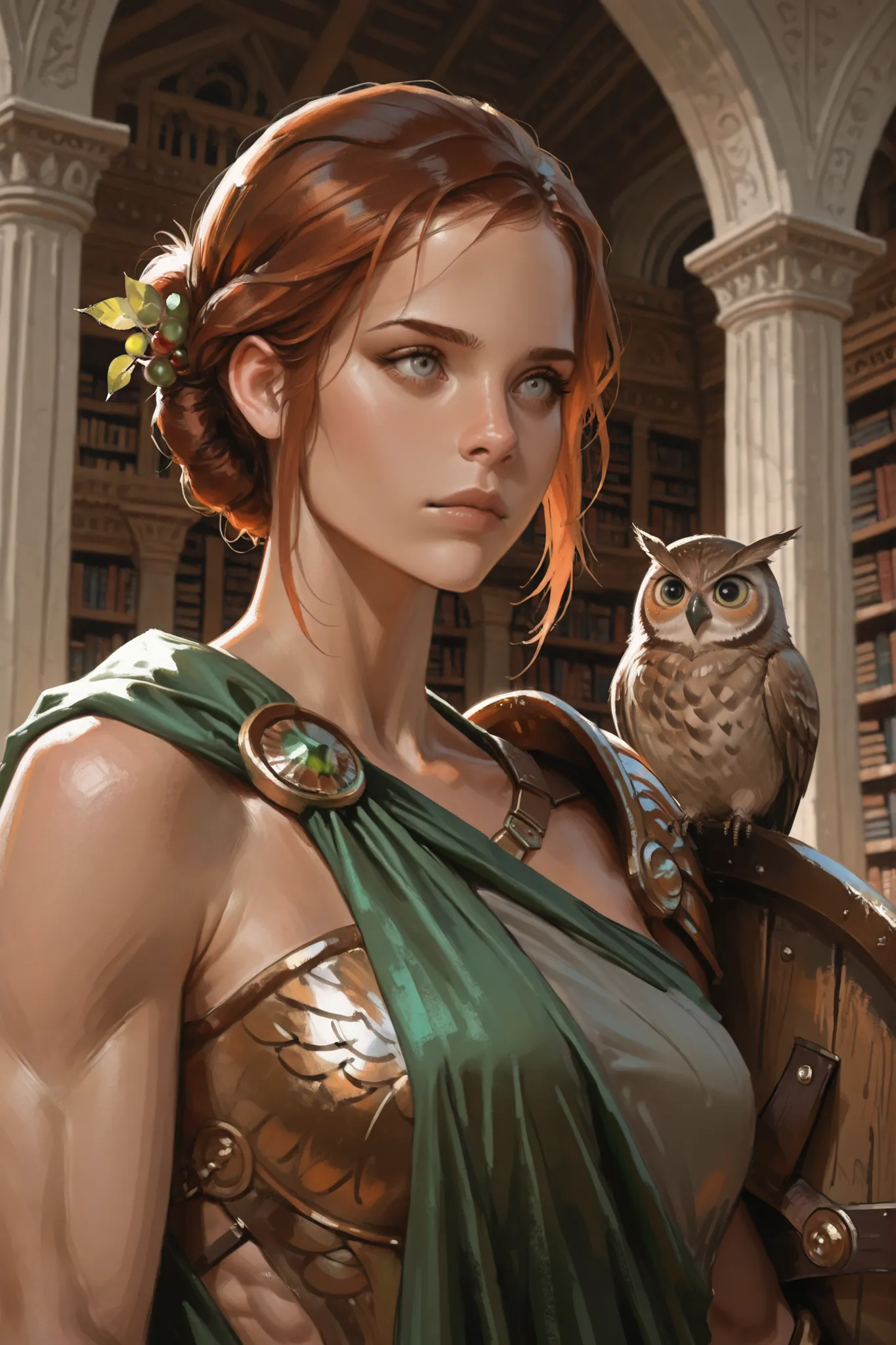 Masterpiece, beautiful woman,  Kate Beckinsale, Greek Goddess, bright_grey_eyes, toned body, auburn hair, chignon hairstyle, grey_eyes, Ancient Greek armor, shield, emerald green cloth, Athena_Helmet, Little Owl, Doric order architecture, temple front, lib...