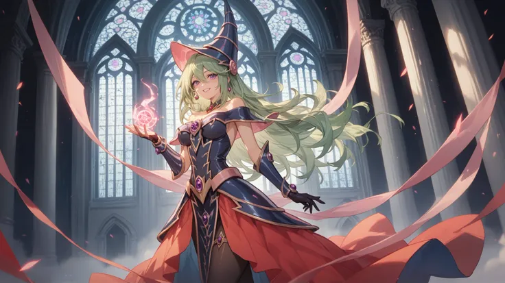 A beautiful fallen elven woman stands in a dark cathedral, her long light green hair fading into black at the ends. Her glowing violet eyes and gentle, enigmatic smile convey both grace and mystery. She wears a black and crimson silk ceremonial dress adorn...