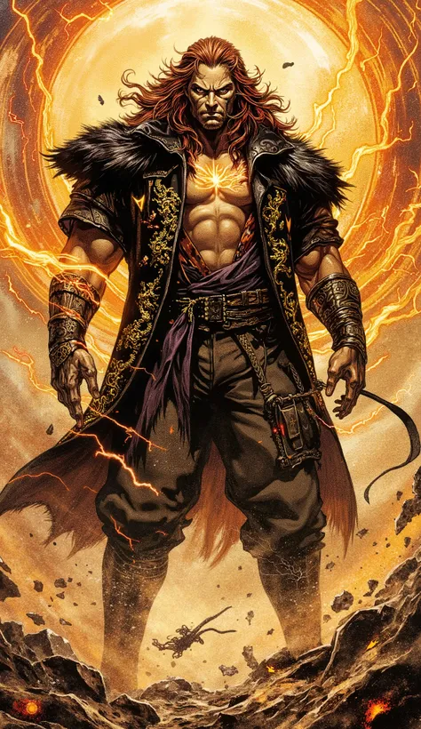 Epic digital painting, cinematic character concept art. An imposing wuxia hegemon, a titan of a middle-aged man with herculean muscle definition. He has a chiseled, weathered face with a confident, arrogant smirk playing on his lips, his piercing eyes glow...