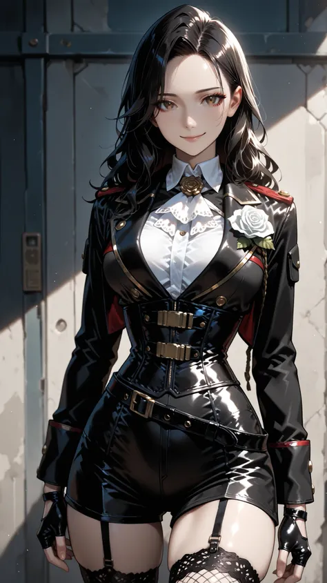masterpiece, best quality, vibrant, very aesthetic, high contrast, semrealistic, newest, koreanai, best_quality, finely_detailed_eyes_and_detailed_face, (1 girl), solo, long_hair,  wavy_hair, no bangs, forehead exposed, brown_eyes, BREAK, black_military_ja...