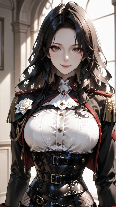 masterpiece, best quality, vibrant, very aesthetic, high contrast, semrealistic, newest, koreanai, best_quality, finely_detailed_eyes_and_detailed_face, (1 girl), solo, long_hair,  wavy_hair, no bangs, forehead exposed, brown_eyes, BREAK, black_military_ja...