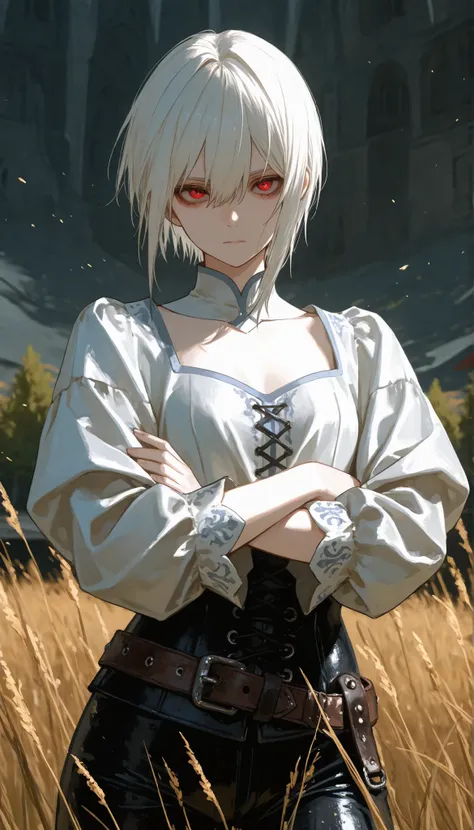 ,score_9, score_8_arriba, score_7_arriba, score_6_arriba, solo girl, 1girl, a portrait image of a alice nakiri, short hair, red eyes, white hair, hair between eyes, wide shoulders, dressed in a dark medieval blouse, , leather belt, medieval trousers, frown...