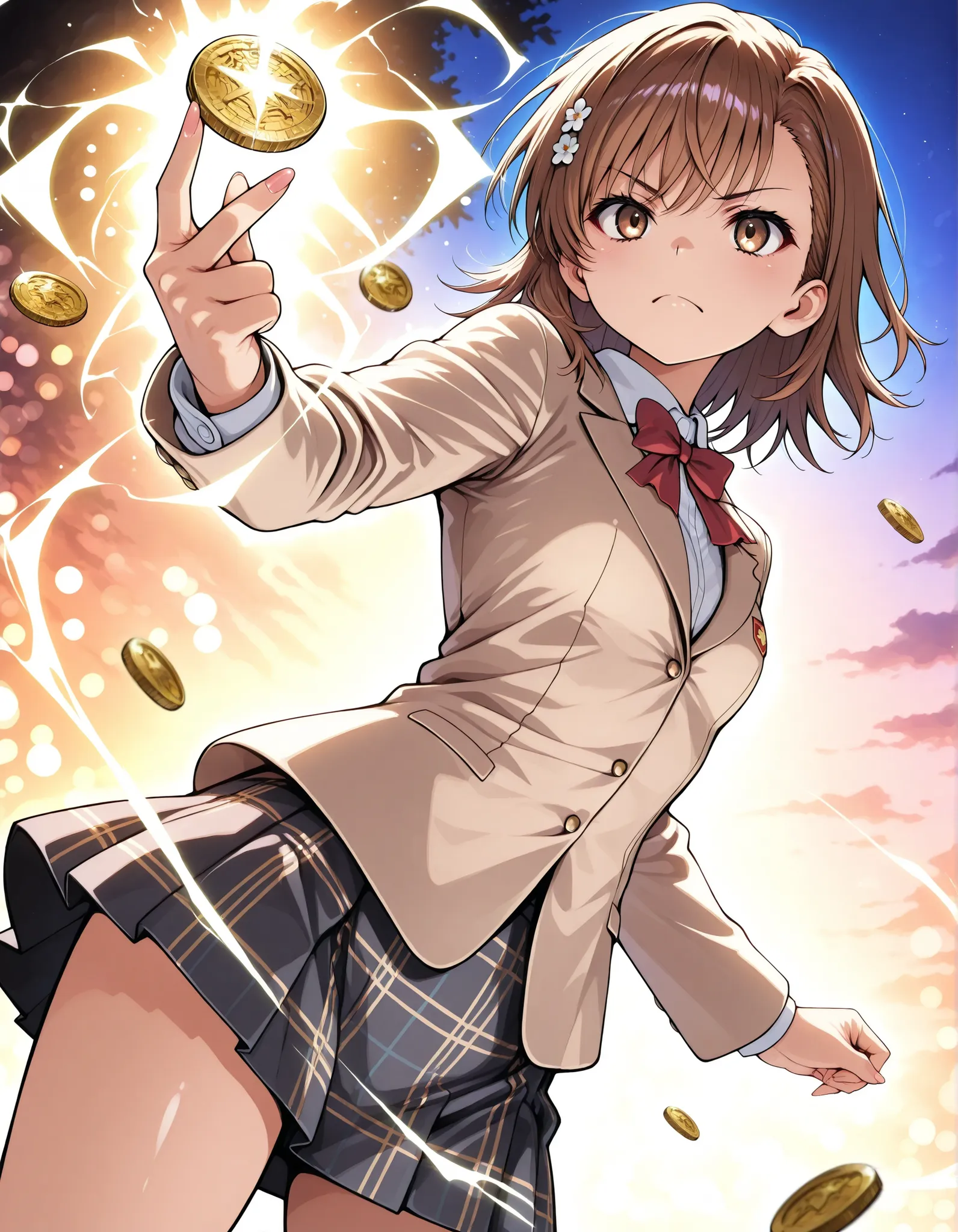 Misaka Mikoto, A Certain Scientific Railgun, brown hair, medium bob hair, standing grinning, serious expression, Wearing a Tokiwadai junior high school uniform , correct preposition, 4 fingers, 女子校生が指先からElectric shockを放つファンタジックなイラスト, dynamic pose, Dutch An...