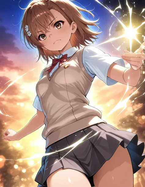 Misaka Mikoto, A Certain Scientific Railgun, brown hair, medium bob hair, serious expression, Wearing a Tokiwadai junior high school uniform ,女子校生が指先からElectric shockを放つファンタジックなイラスト, cowboy shot, 青白いElectric shockのエフェクト, the moment you push a coin out with ...