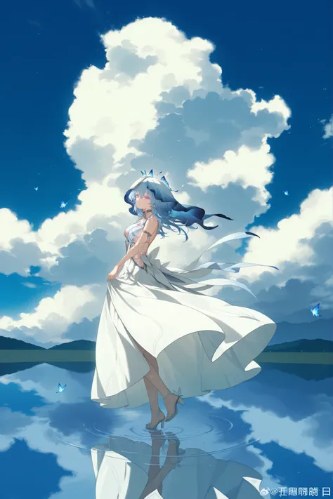 purple eyes, colored eyelashes, blue hair, hair intakes, medium hair, 1girl, walking on water, blue sky behind, water reflects, 
purple eyes, colored eyelashes, blue hair, hair intakes, medium hair, two-tone veil, blue butterfly on veil, silver choker, fri...