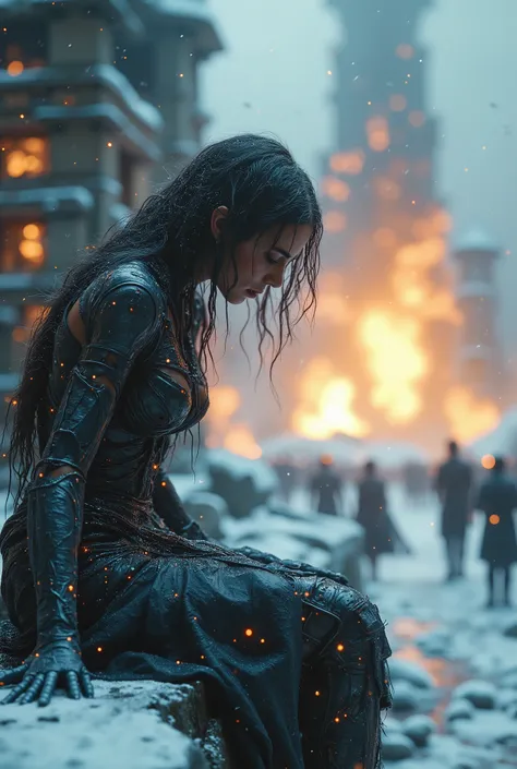 
"Wide-angle (1.5:1) cinematic scene on a frozen alien planet during a heavy snowstorm. The environment is chaotic and apocalyptic, with crumbling structures in the background, engulfed in flames and explosions — remnants of an intergalactic war. Towering ...