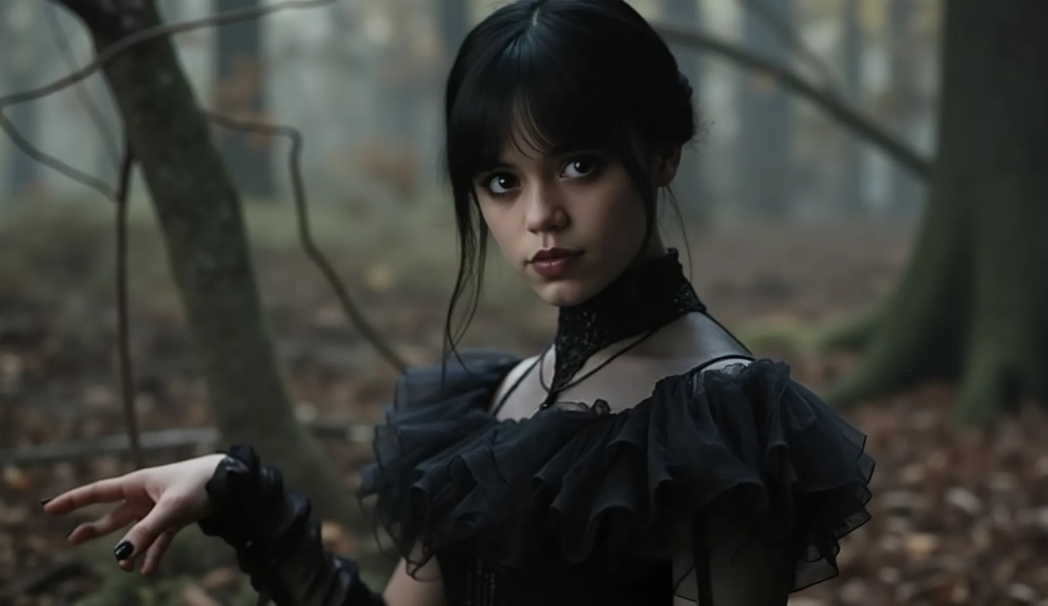 The art cover of the romantic film. A young beautiful skinny girl Jenna Ortega from Wednesday. In a refined gothic black dress in a misty forest, she looks at the viewer with a happy smile and reaches out to meet with a desire to hug for greetings. top qua...