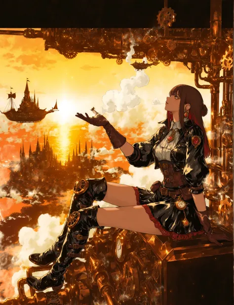 sitting on a machine,semi long hair,slightly random hairstyle,Hair color is dark red A color reminiscent of metal,girl、decorated with metal parts,lens part is amber,Gears and small pipes,leather corset、Best、short jacket。The shirt is a puff sleeve,belt、Pouc...