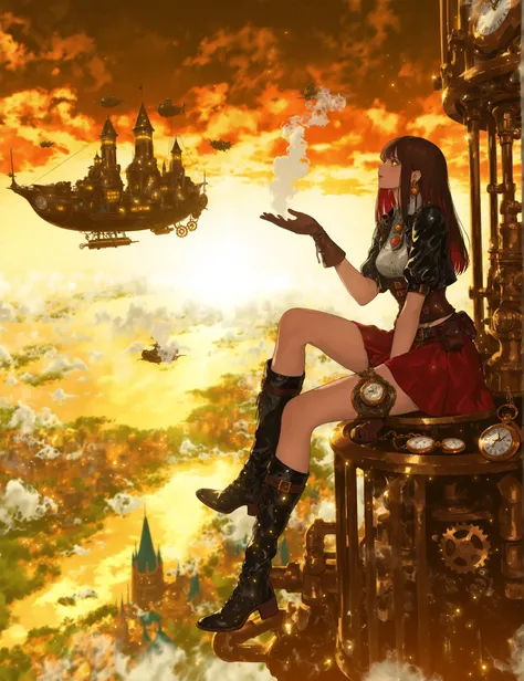 sitting on a machine,semi long hair,slightly random hairstyle,Hair color is dark red A color reminiscent of metal,girl、decorated with metal parts,lens part is amber,Gears and small pipes,leather corset、Best、short jacket。The shirt is a puff sleeve,belt、Pouc...